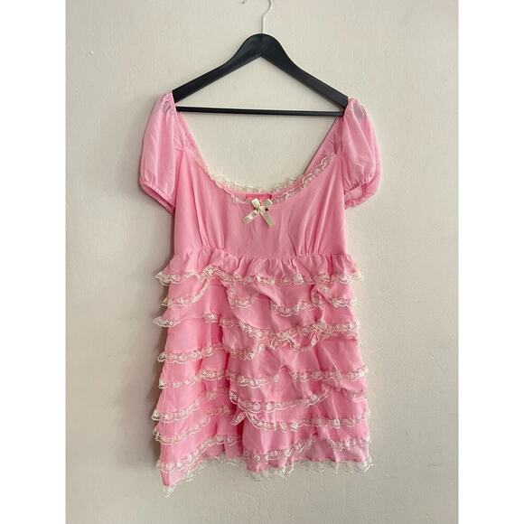 Sugar Thrillz M Babydoll Dress Pink Lace Tiered Ruffle Milkmaid Dolls Kill NEW - Picture 1 of 6